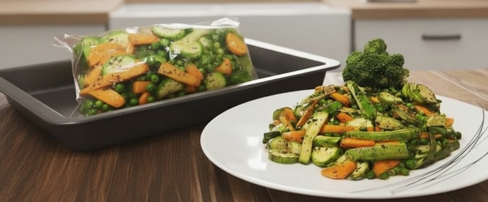 خضار سوتيه فى الكيس الحرارى فى الفرن