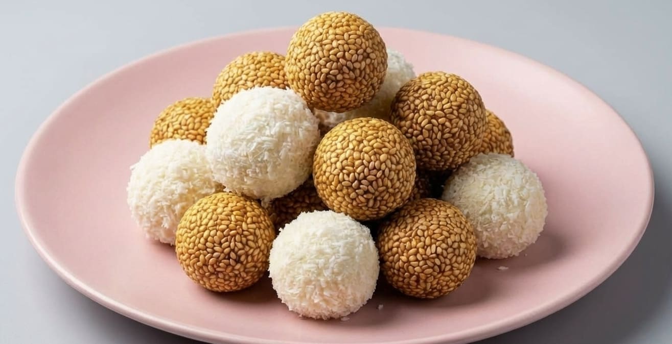 حلوى كرات العسل الأسود بالسمسم وجوز الهند