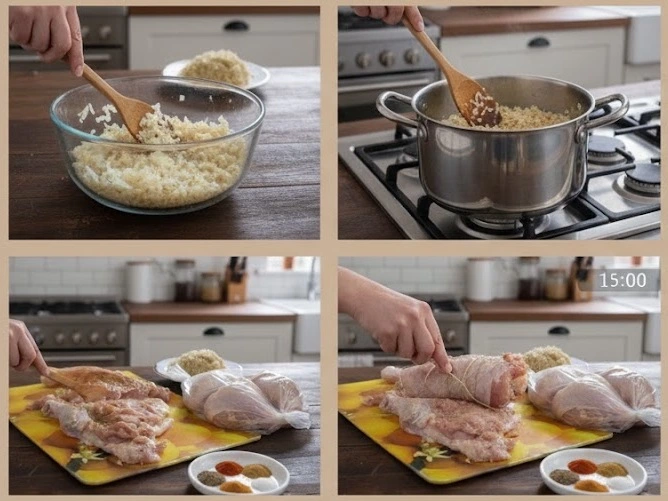 أوراك الدجاج المحشية بالأرز في الكيس الحراري ( الحمام الكداب)