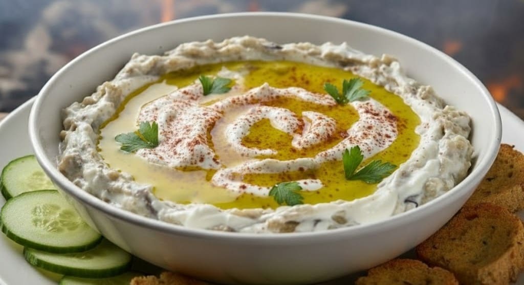 سلطة الباذنجان المشوى  بالزبادى (مناسبة للكيتو)