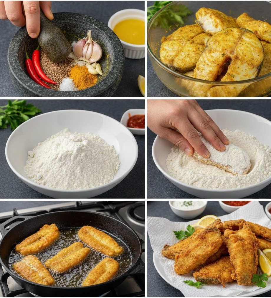 سمك البياض المقلى بدقيق الأرز والنشا