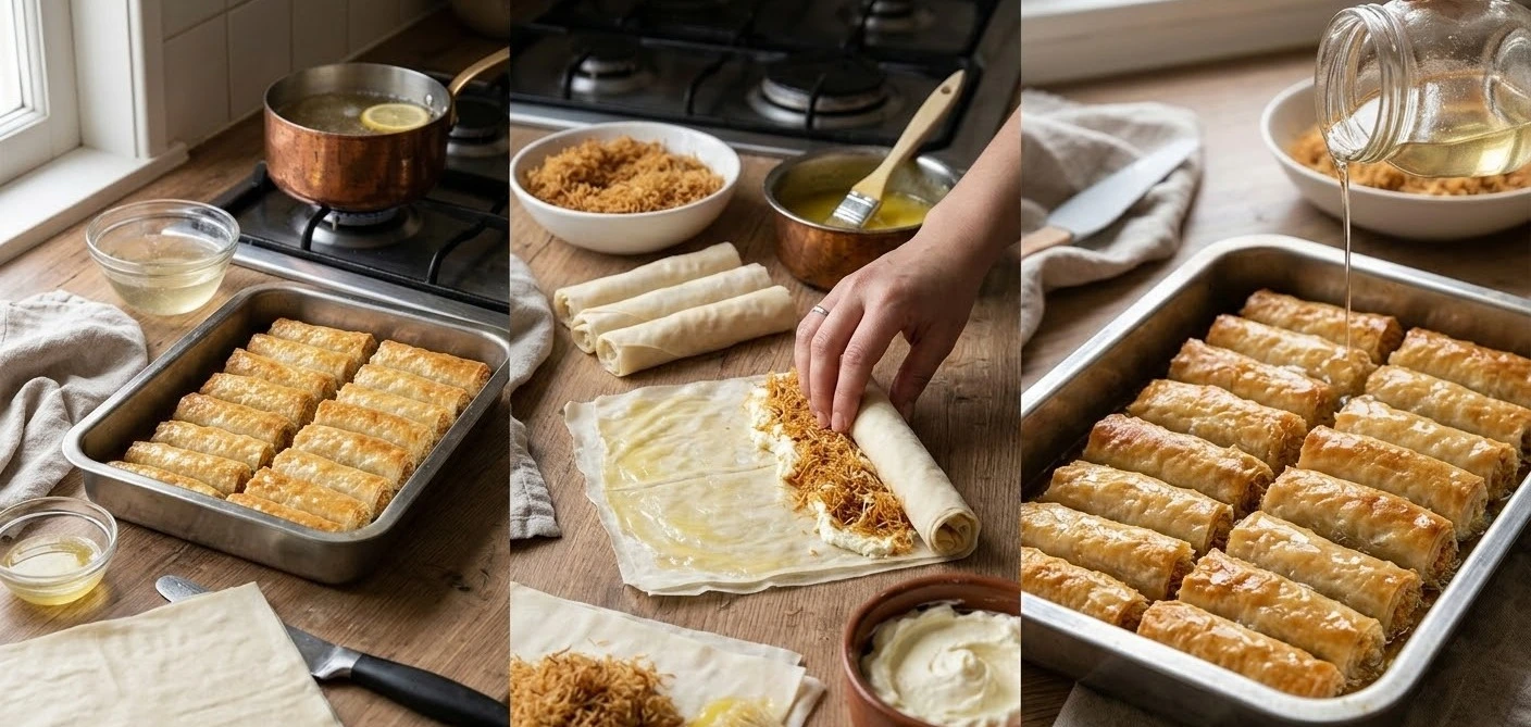 أسرار طريقة عمل صينية الجلاش بالكنافة والقشطة المنزلية الفاخرة بطعم ينافس المحلات