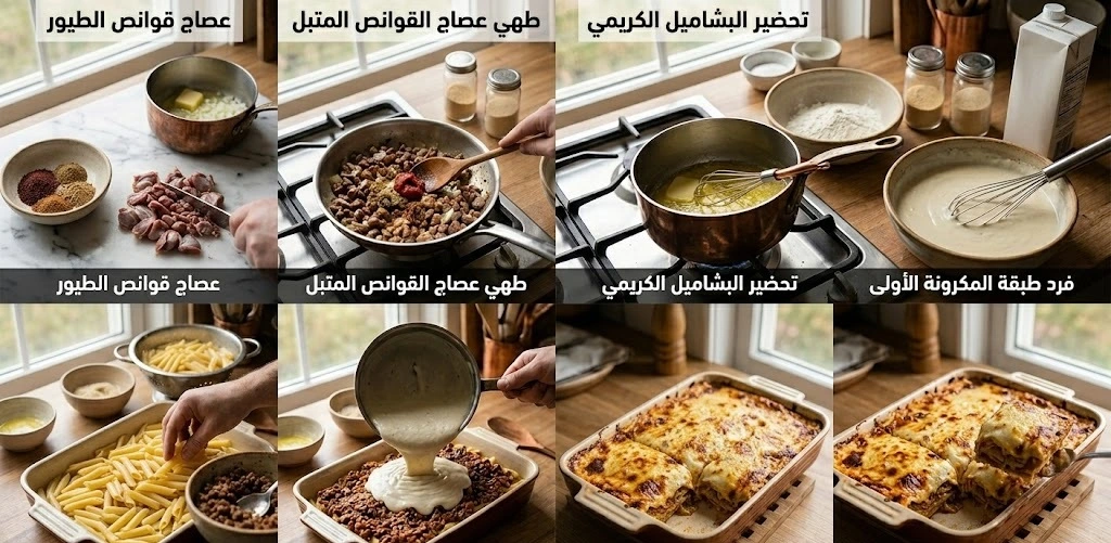 صينية المكرونة بالبشاميل  بحشو عصاج قوانص الطيور الشهي