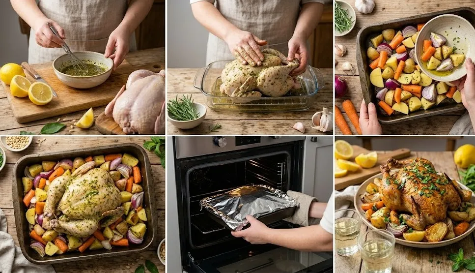 دجاج محمر بالفرن بتتبيلة مميزة والخضار الموسمية