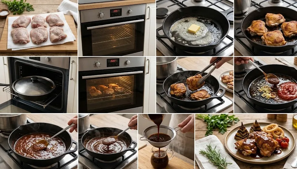 أفخاذ الدجاج المحمرة بصلصة الديمي جلاس على طريقة طباخ الملك فؤاد