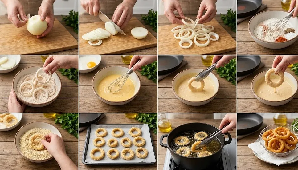 سر المطاعم في طريقة عمل حلقات البصل المحمرة فى الزيت بتتبيلة مقرمشة