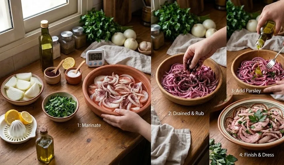 أسرار طريقة عمل سلطة البصل الأصفر أو الأبيض بالسماق والبقدونس للمشاوي