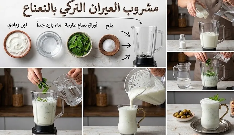 طريقة عمل مشروب العيران التركي بالنعناع المنعش لموازنة المشويات