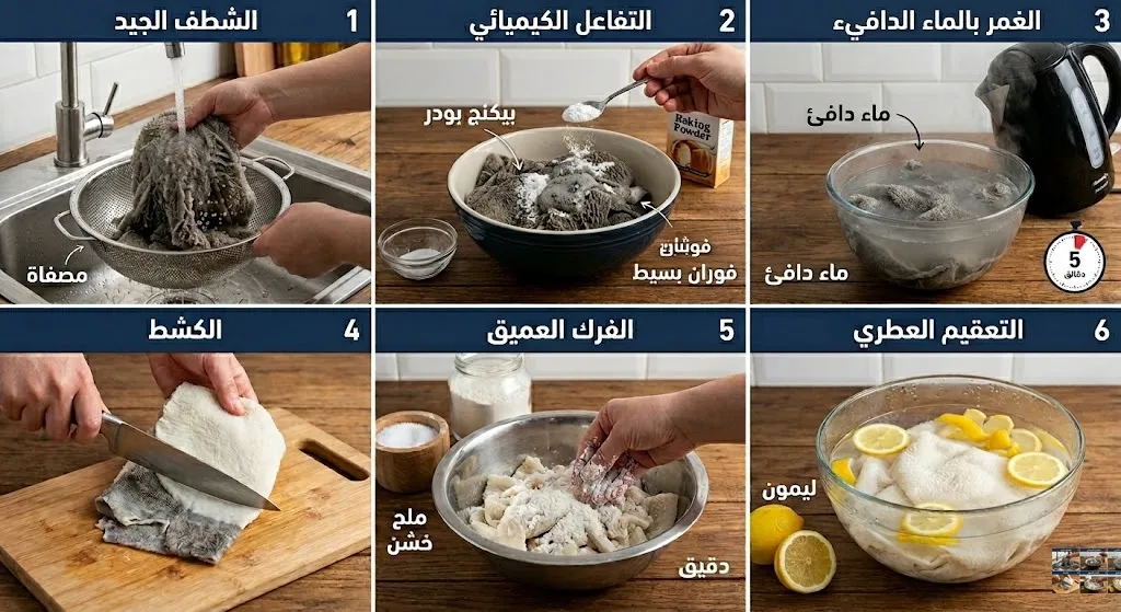 الدليل الشامل في طريقة تنظيف الكرشة بالبيكنج بودر والليمون بدون خل لجعلها بيضاء كالثلج