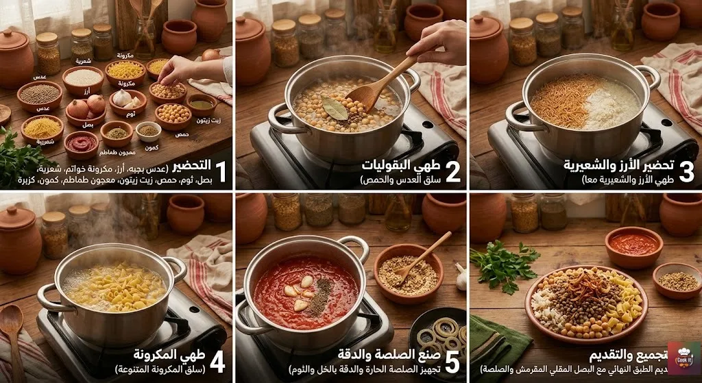 طريقة عمل الكشرى المصرى بالتفصيل والتريكات لطبق كشري ينافس أشهر المطاعم
