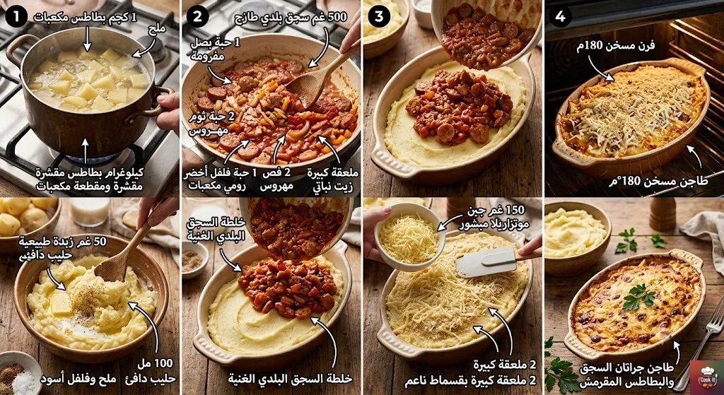 طريقة عمل طاجن جراتان السجق والبطاطس المهروسة خطوة بخطوة بالخلطة السرية