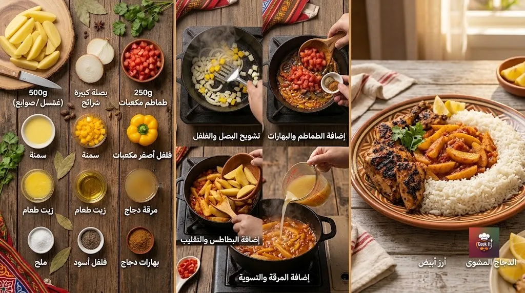 طريقة عمل أصابع البطاطس بالبصل والفلفل الملون والطماطم على البوتاجاز
