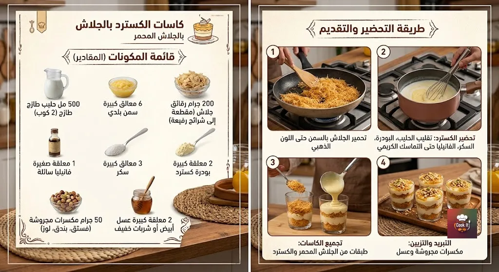 تحلية فاخرة وسريعة: طريقة عمل كاسات الكسترد بالجلاش المحمر بالسمن البلدي