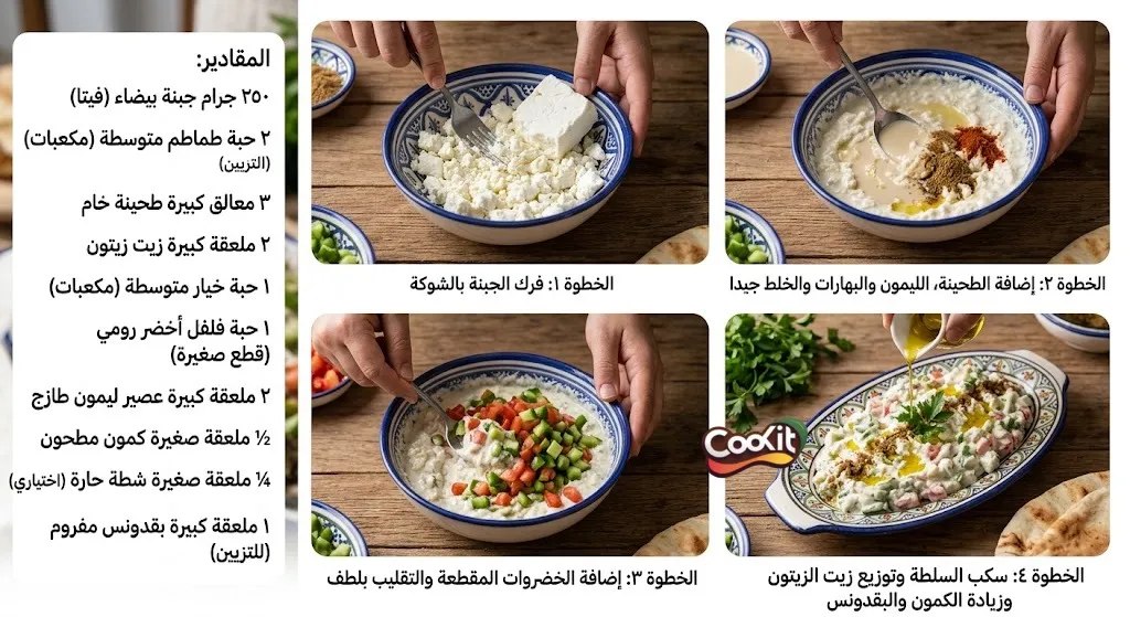 طريقة عمل سلطة الجبنة بالطماطم والطحينة خطوة بخطوة مع اضافة الخيار والفلفل 