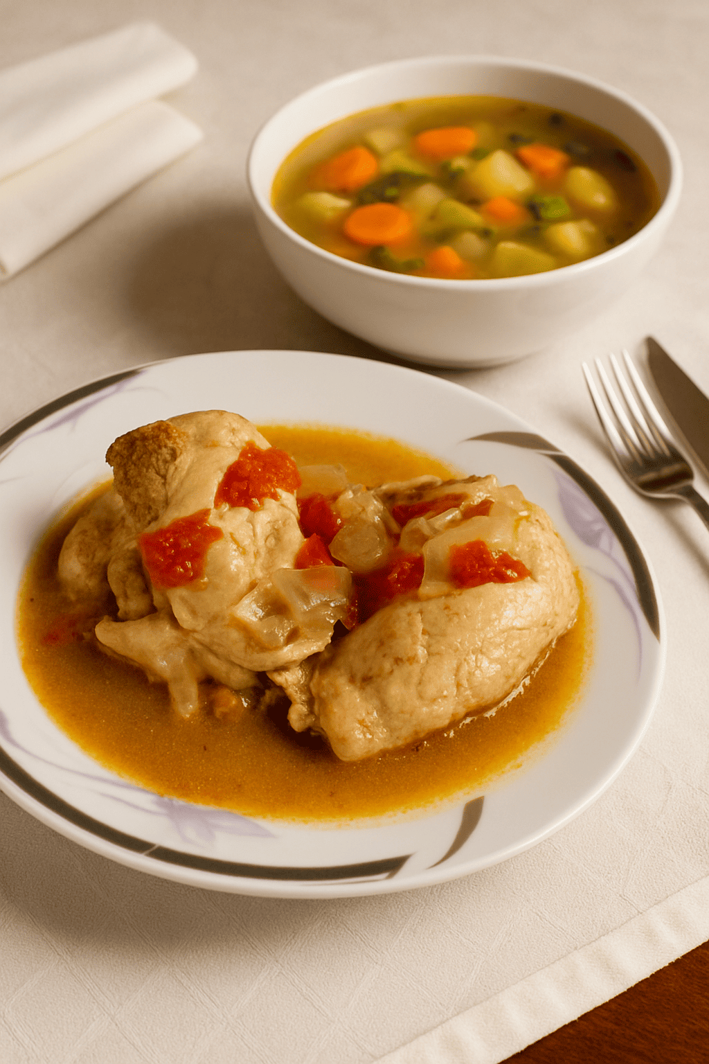 الدجاج المسلوق مع شوربة الخضار