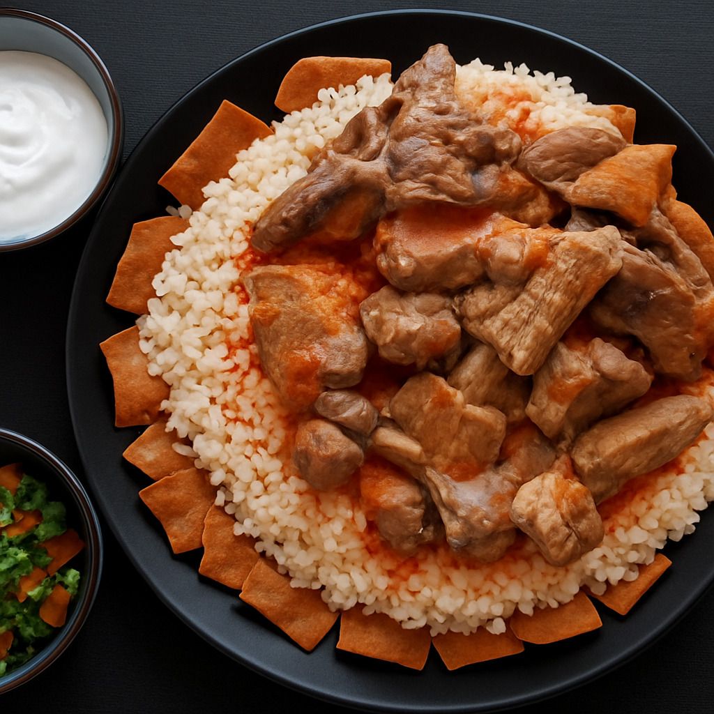 فتة اللحمة والأرز المصرية على أوصولها