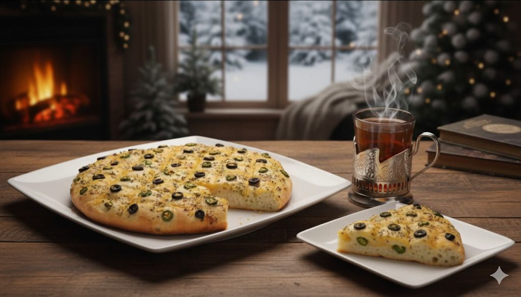 خبز فوكاتشيا الايطالى بالفلفل الأخضر والزيتون 